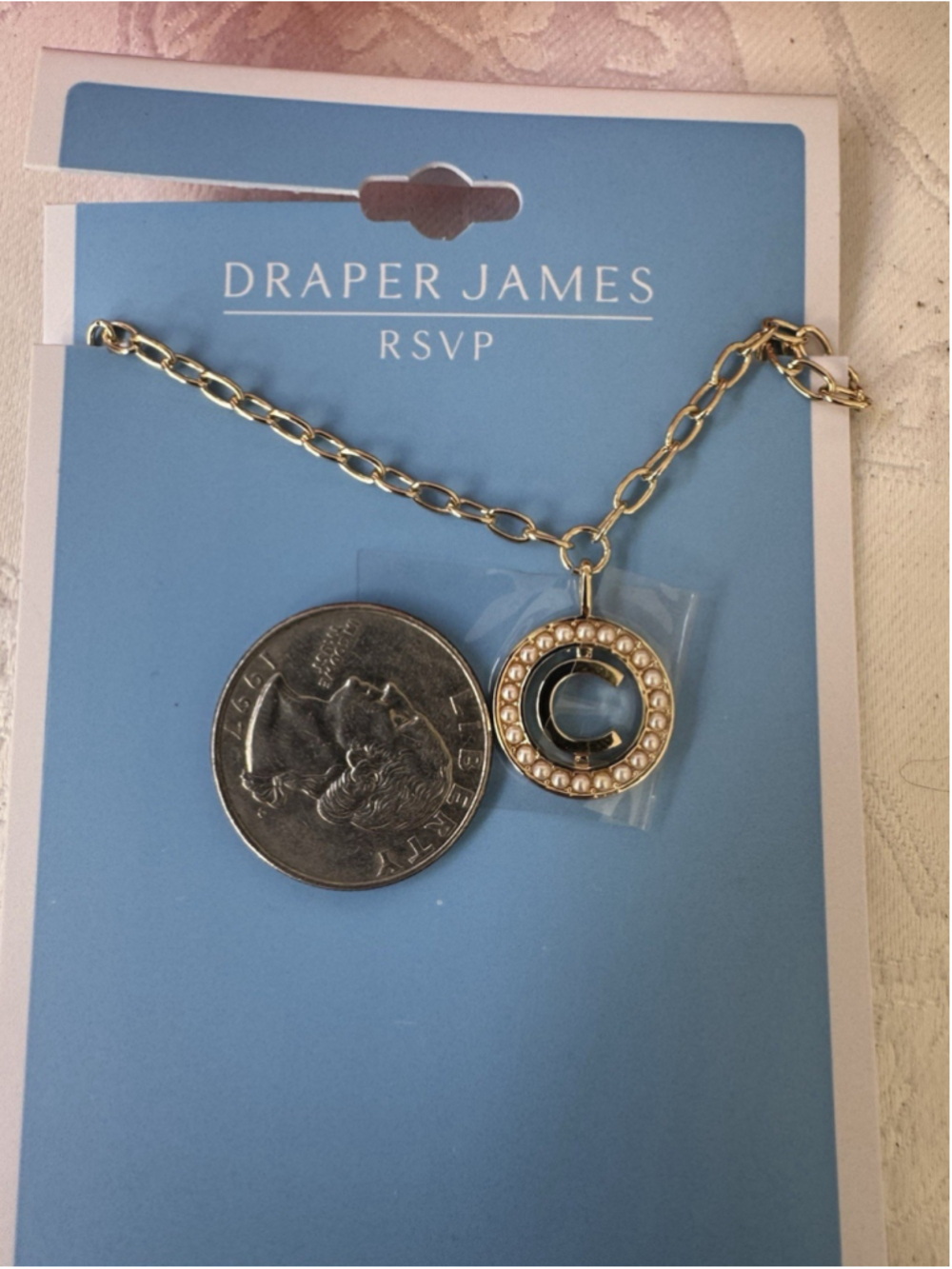 Draper James CZ Goldtone Necklace initial C Pendant Preppy Old Money Style NEW